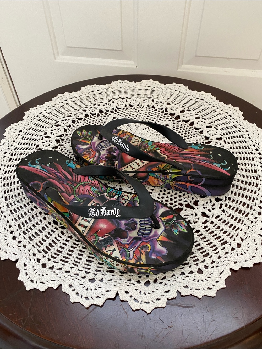 Ed Hardy Black Multicolor Tattoo-Print Wedge Sandals
